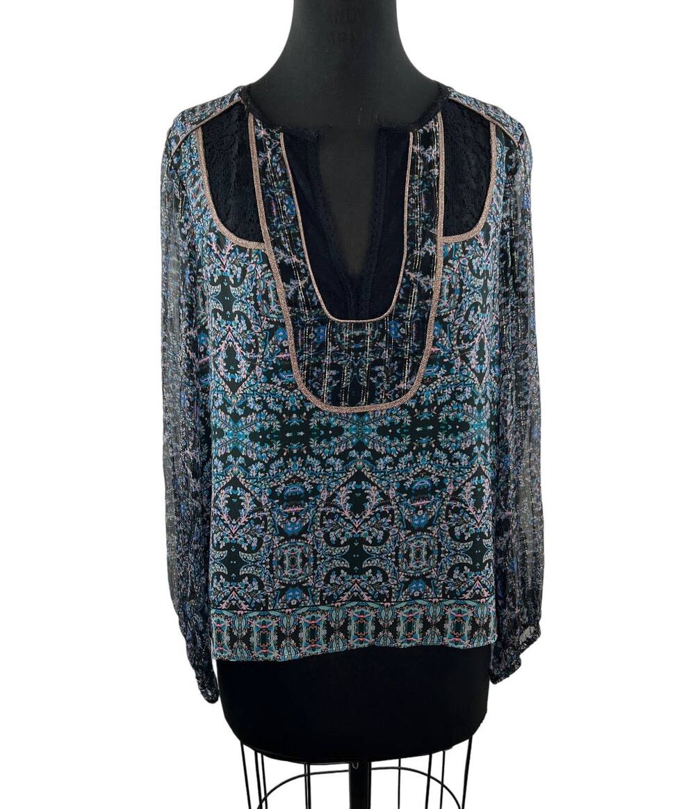 Nanette Lepore Black Blue Floral Silk Bib-Front Blouse Long Sleeve Peasant 8 M